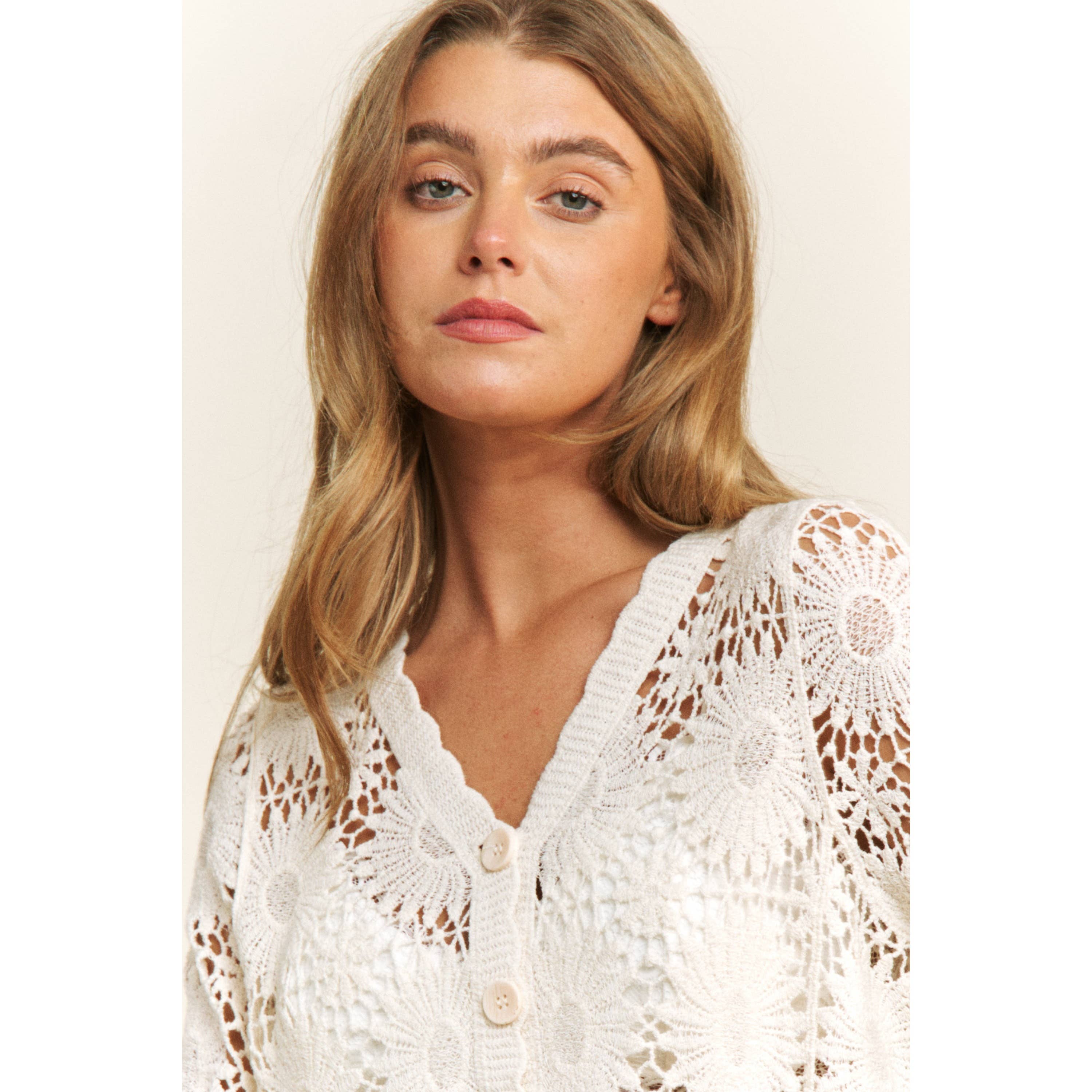 Sweet Generis - Wholesale Lounge Top - Women's - SCALLOP LACE FLORAL CROCHET BUTTON DOWN TOP3