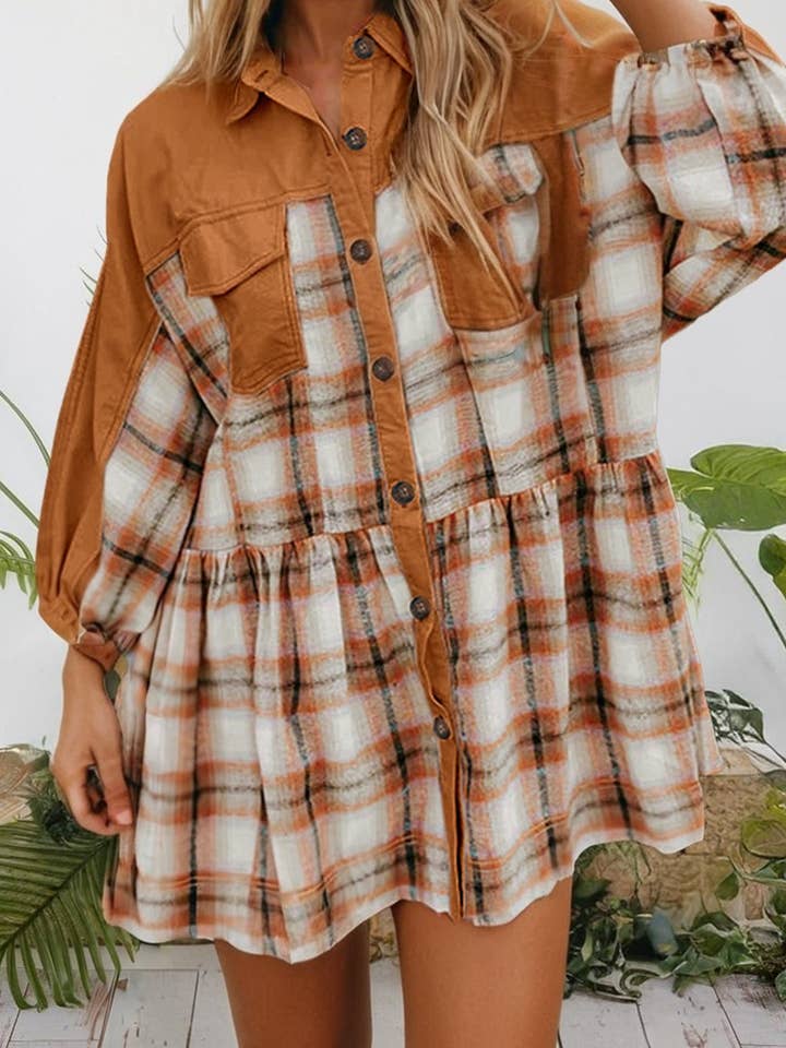 Plaid Color Block Patchwork Ruffle Hem Shirt Dress (S-XL) for wholesale by 66DISCO