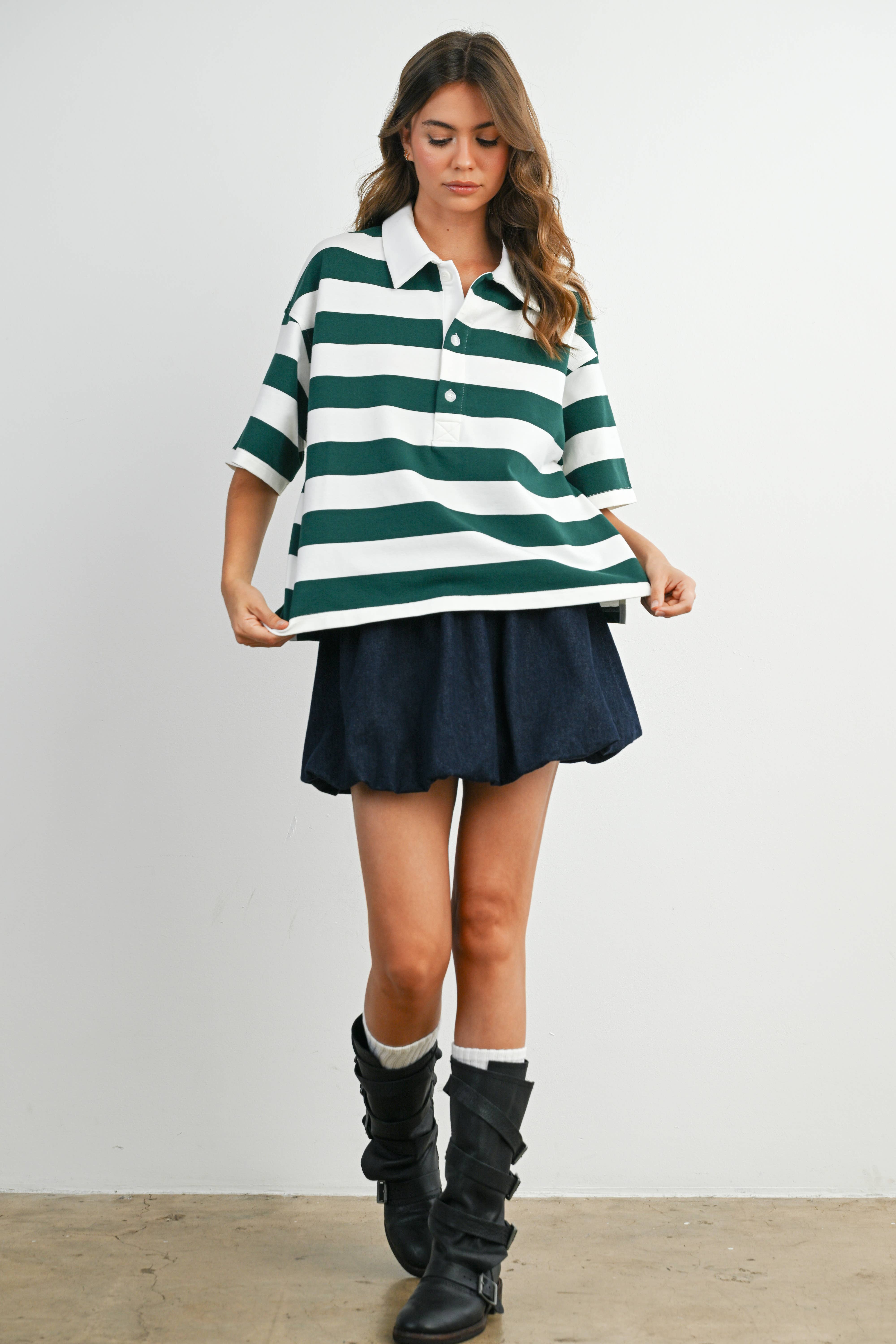 BUTTERMELON - Wholesale Polo - Women's - Striped Oversized Polo Shirt - BMT77100