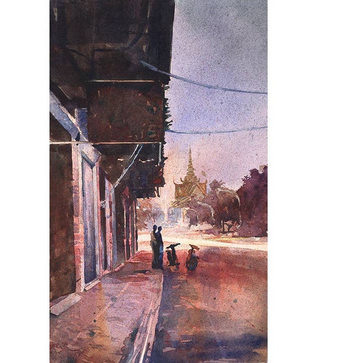 Målning av kungliga palatset och fransk kolonial arkitektur på gatan i skymningen i staden Phnom Penh- Kambodja. Akvarellmålning Kambodja (tryck) för wholesale av Ryan Fox Fine Art