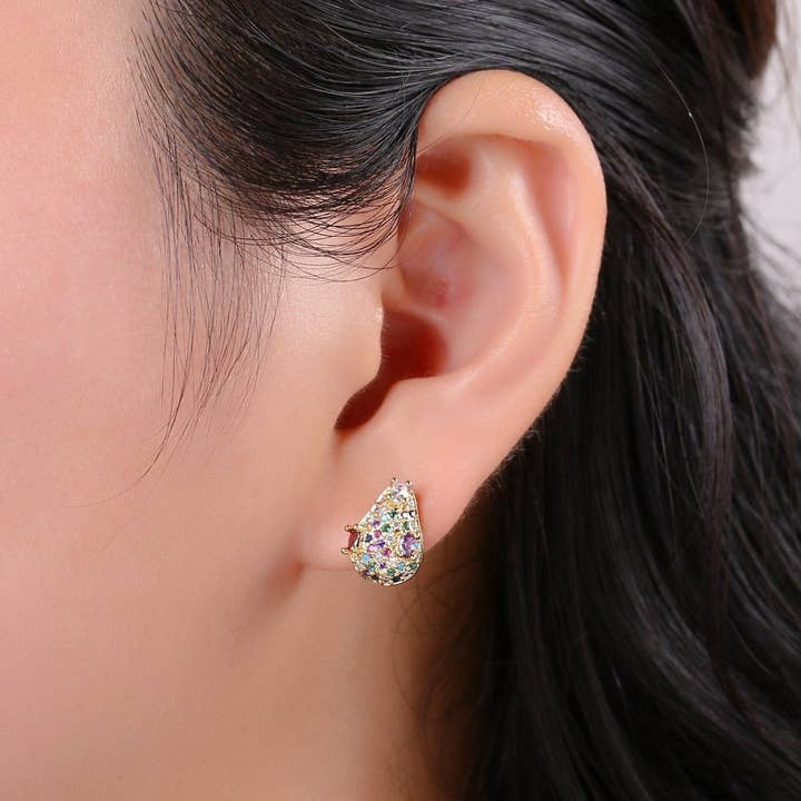 Aim Eternal - Wholesale Stud/Post Earrings - Multi Color Gold Tiny Stud Earrings - Rainbow Micro Pave Studs - Dainty CZ Studs 10mm Tear Drop Crystal Small Stud Earrings Q-3111