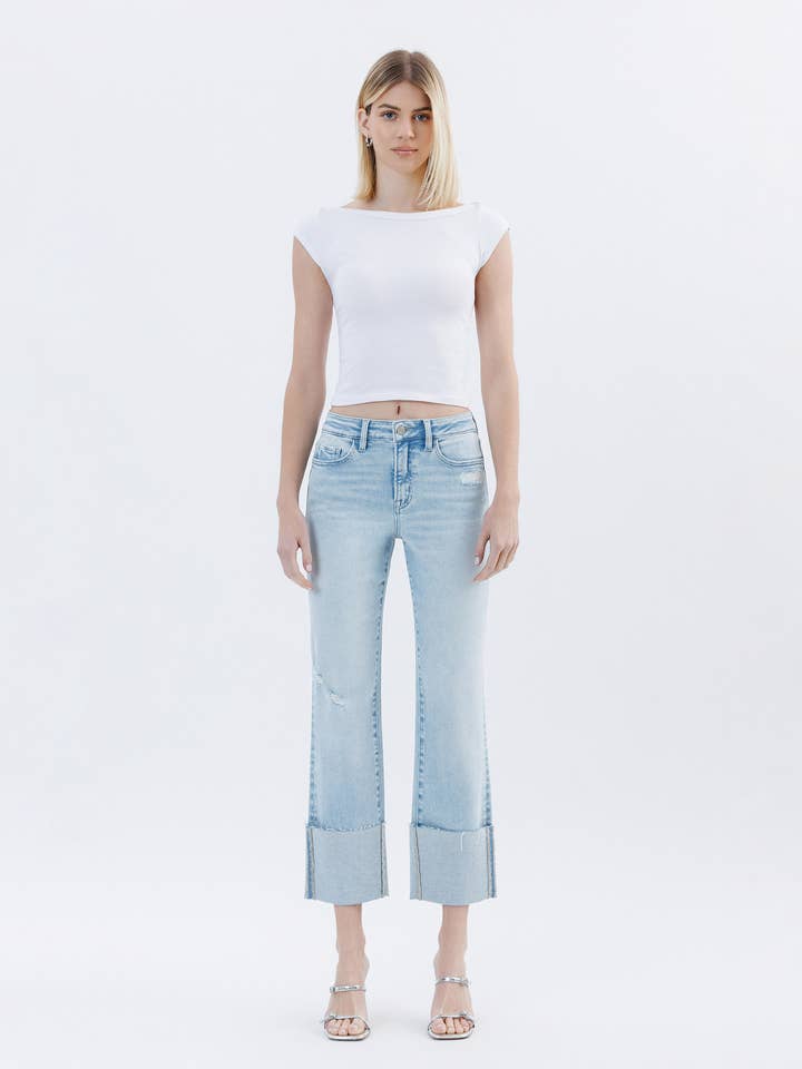 HIGH RISE CUFFED CROP STRAIGHT JEANS T6747LT for wholesale by VERVET by FLYING MONKEY