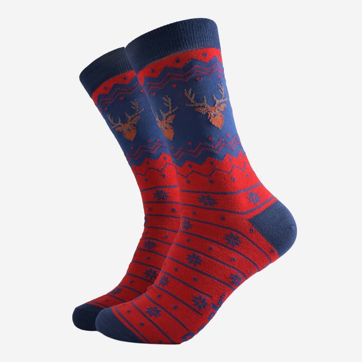 Men's Bamboo Socks - Red/Navy Blue, Stag Fair Isle for wholesale by Sock Talk