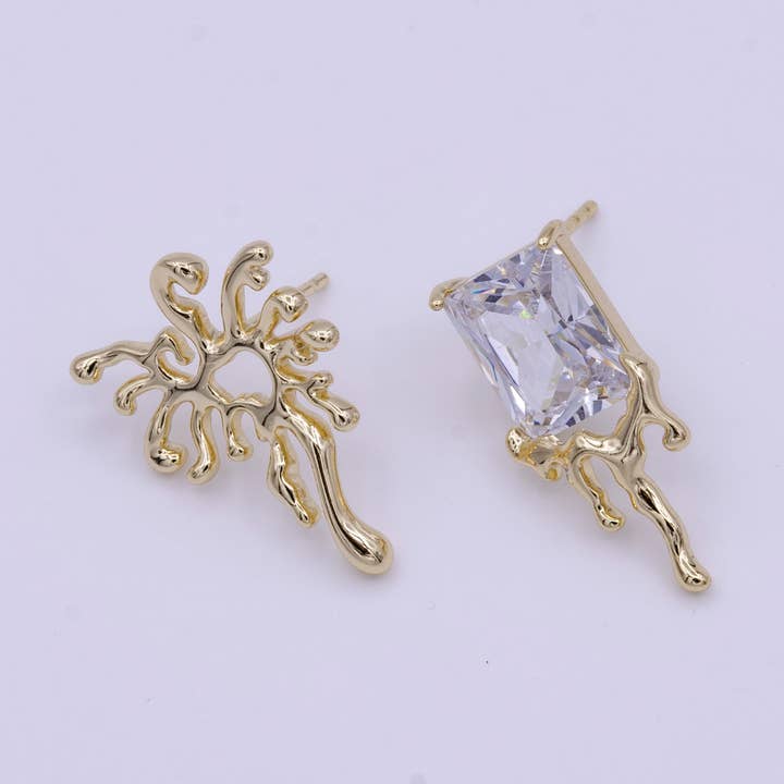 14K Gold Filled Mismatched Clear Baguette CZ Dripping Gold Stud Earrings Set | V004 for wholesale by Aim Eternal