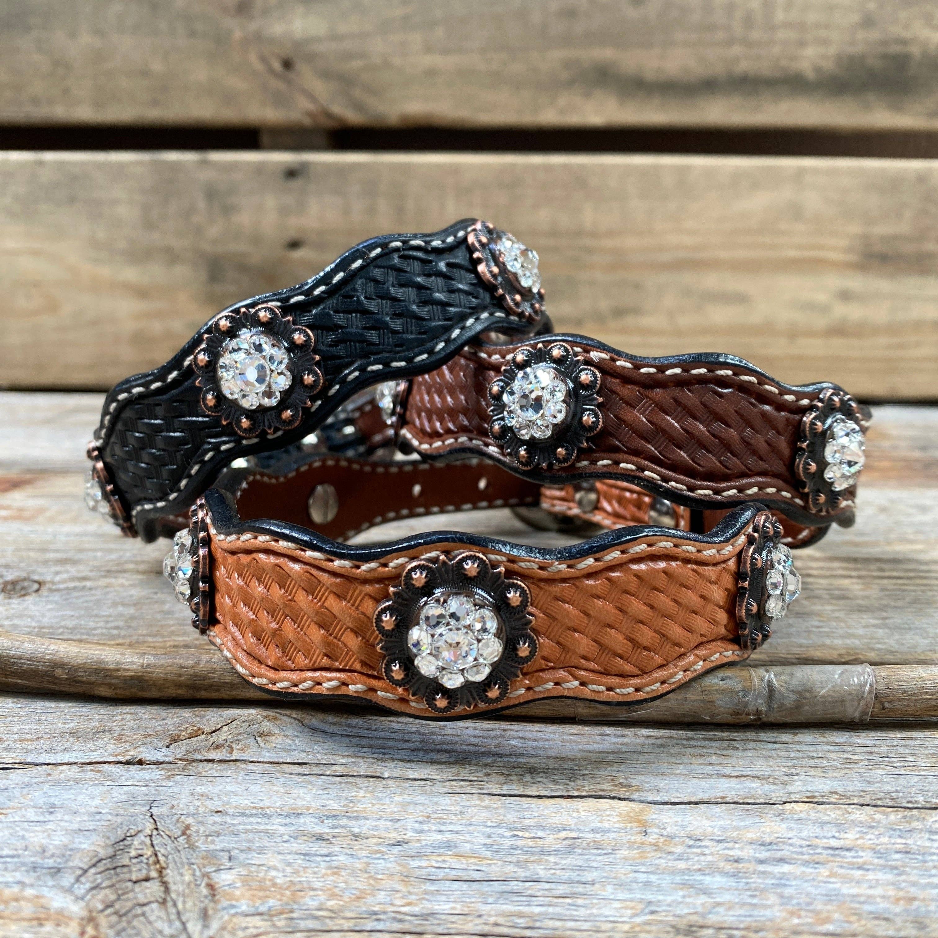 Rodeo Drive - Wholesale Horseback Riding Gear - Leather Dog Collar With Copper Clear Conchos 10" to 22" -DC83