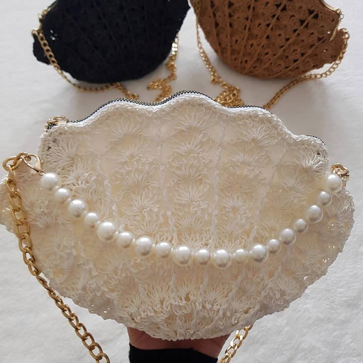 CHQEL - Wholesale Clutch Bag - Women's - Handmade Straw Rope Crochet Clutch, Pearl Handle Crossbody
