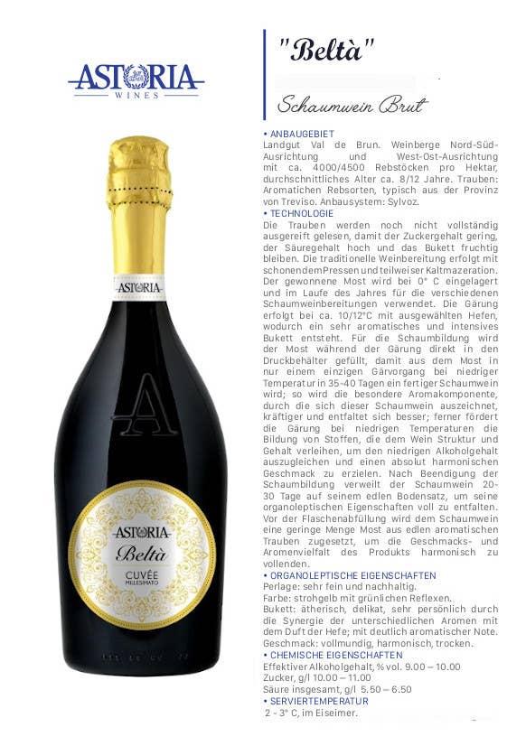 Metina SAS - Vente Champagnes/vins pétillants - Vin mousseux Brut Millesimato « Beltà » Astoria 0,75 litre8