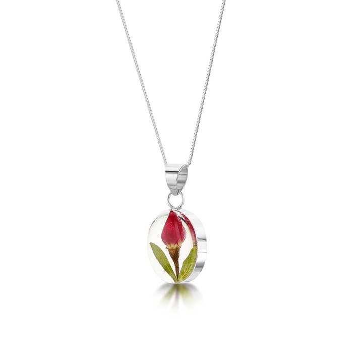 Silver Pendant Necklace - Rose Bud - Oval. for wholesale by Shrieking Violet