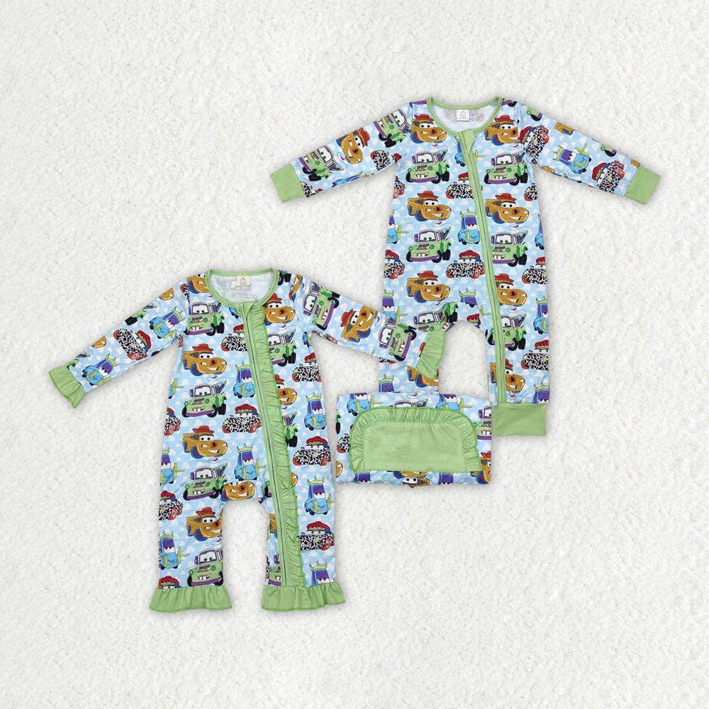 Aier Wholesale - Wholesale Sleepwear Set - Kids - Sibling Girls Baby Infant Boys Green Cars Bamboo Zip Rompers2