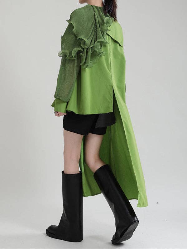 VividLux - Wholesale Blouse - Women's - Long Sleeves Loose Asymmetric Pleated Solid Color Split-Joint Falbala Lapel Blouses&Shirts Tops11