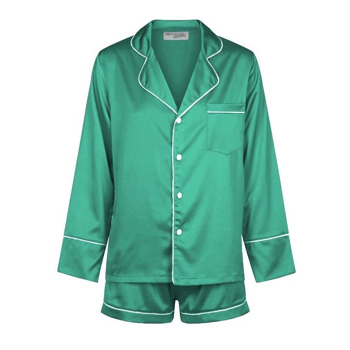 Satin Pyjama Set - Long Sleeve Emerald Green/White for wholesale by Midnight Mischief