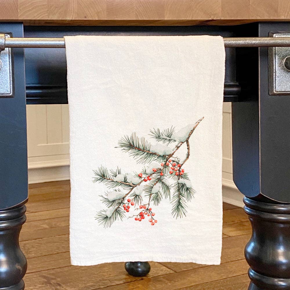 North & Pine - Wholesale Tea Towel - Rustic Frosted Pine and Berry - Customizable Cotton Tea Towel0