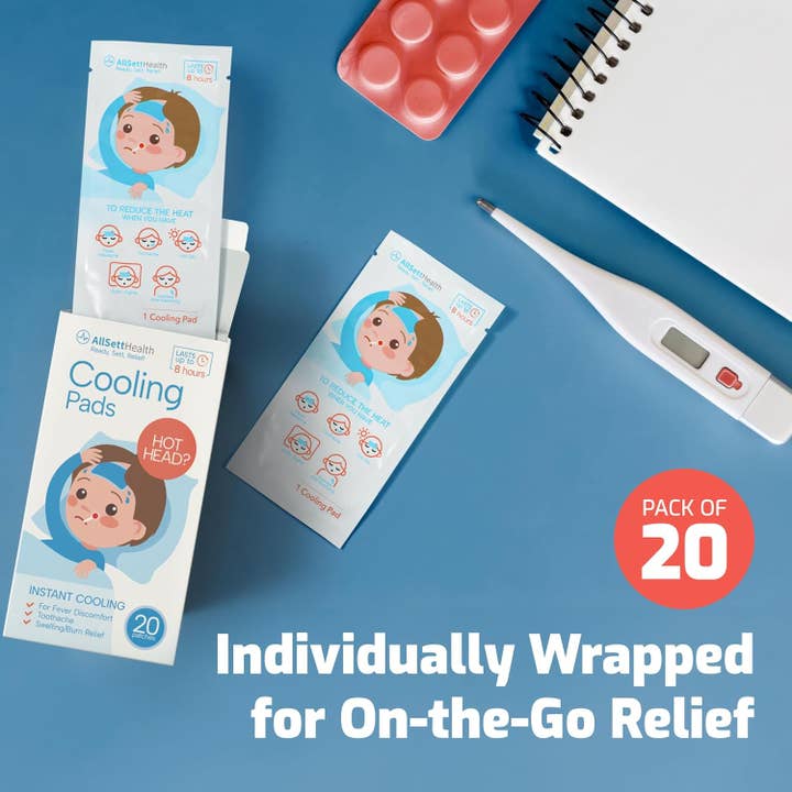 AllSett Health - Wholesale First Aid Kit - Cooling Patches for Kids - Fever Patch for Kids, Mint Extract - 20 Individually Wrapped Cold Patch Fever Stickers -Baby Cooling Pad, Forehead Cooling Patch, Fever Reducer Headache Patches -Fun Design