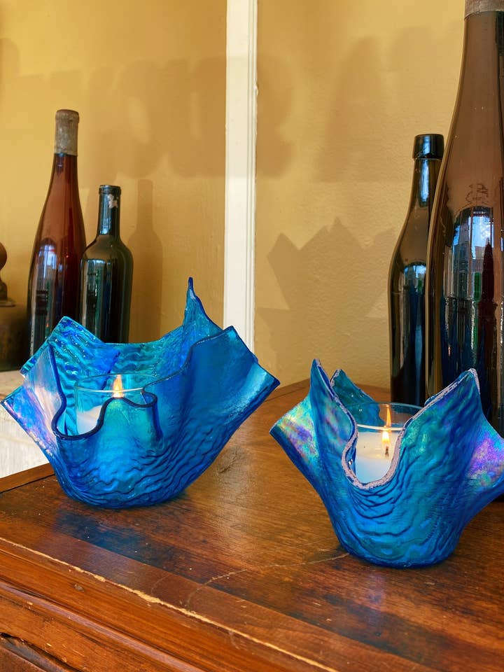"Ocean Wave" Iridescent Glass Votive Holder for wholesale by Glass Source Studios