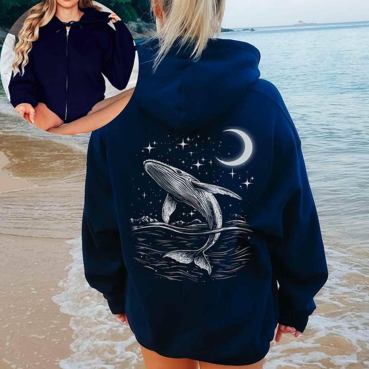 Celestial Whale Zip Up Hoodie | Graphic Celestial Hoodie for wholesale by Sisterly Gifts Shop