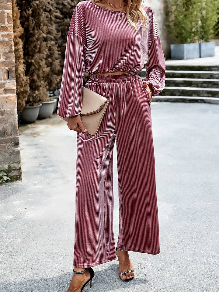 HIDDENBRAND - Wholesale Top & Pant Set (NOT Loungewear) - Women's - Women's Velvet Suit Casual Two Piece1