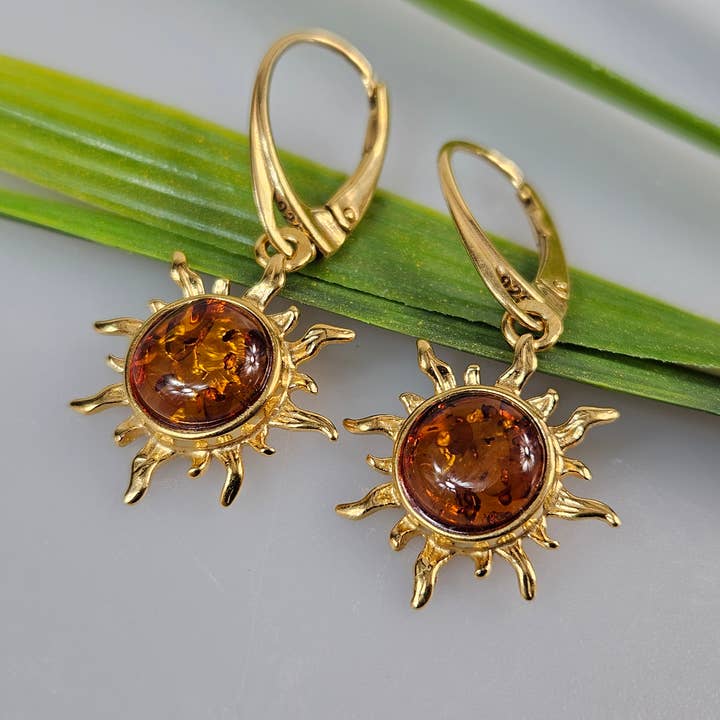 AmberLithuania - Vendita all'ingrosso Orecchini pendenti - Orecchini a forma di sole in oro e argento con pendente a filo, a forma di sole