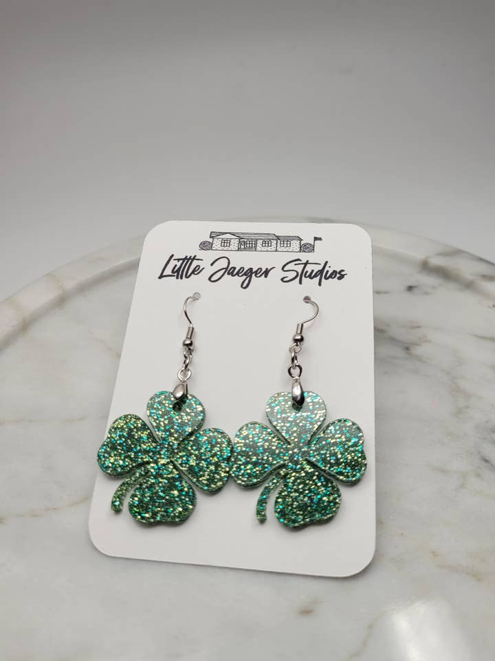 Shamrock Saint Patrick Glitter Acrylic Handmade Earrings for wholesale by Little Jaeger Studios