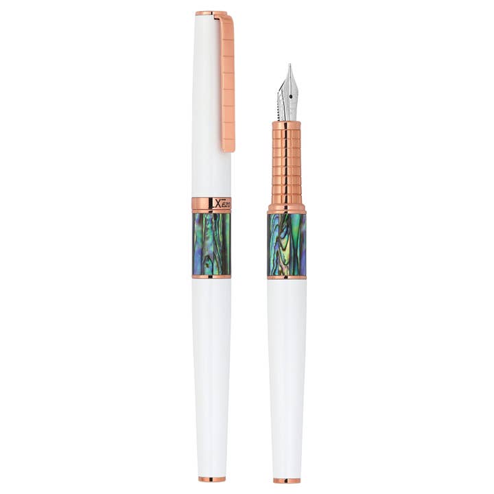 Penna Stilografica Xezo Speedmaster® in Ottone Bianco (Pennino Medio) - Con Paua Abalone e Oro Rosa per la vendita all'ingrosso da parte di Xezo