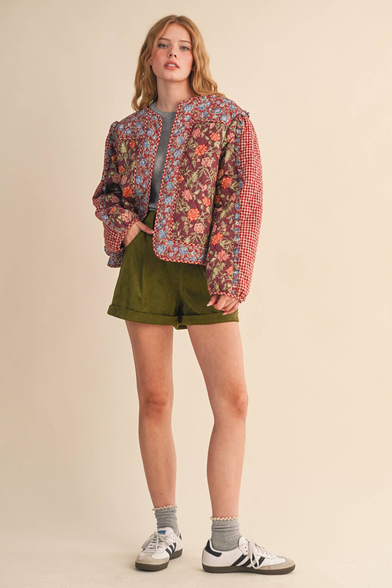 BURGUNDY MULTI MIXED PRINT QUILTED JACKET WITH RUFFLE TRIM MJK4531 for wholesale on Faire7