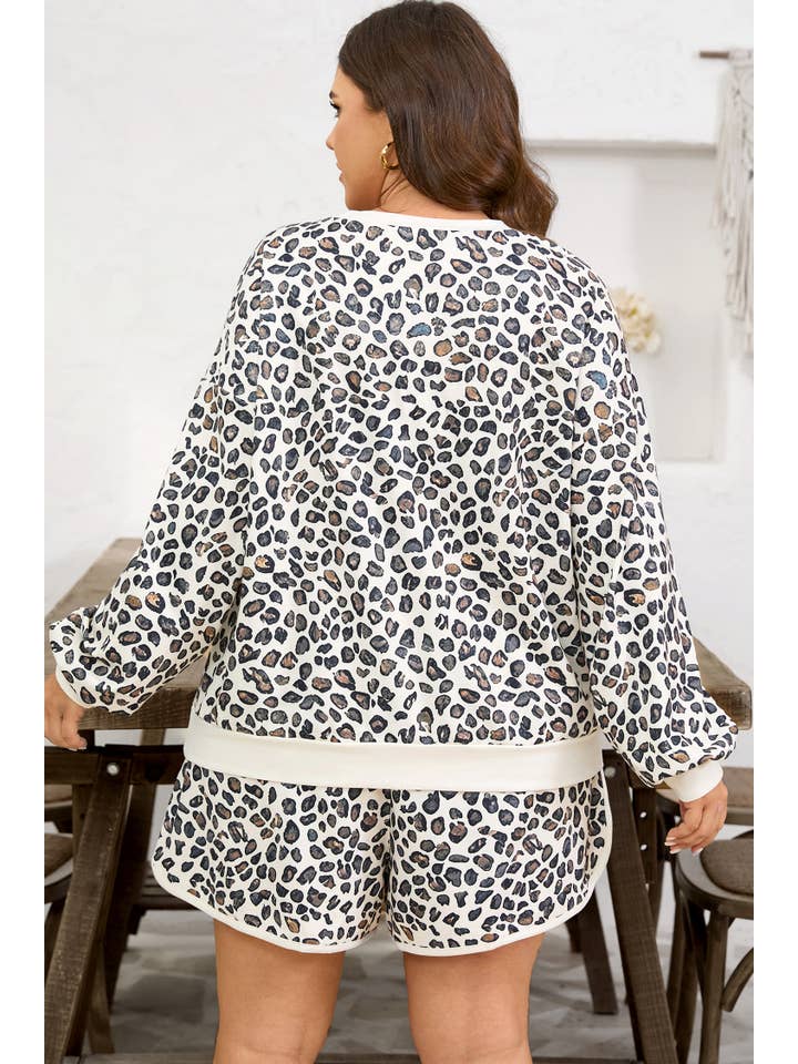 Khaki Plus Size Leopard Pullover and Shorts Set for wholesale on Faire1