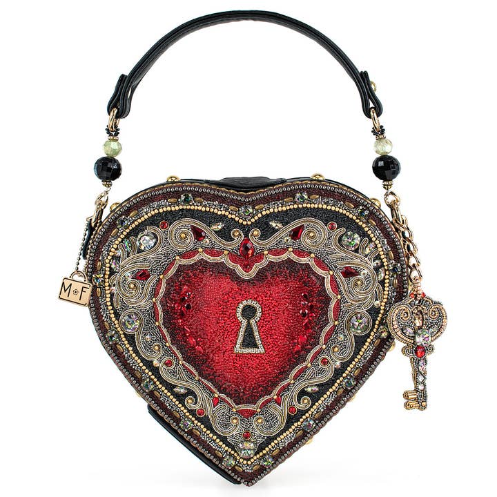 Mary Frances Accessories - Wholesale Top Handle Bag - Women's - Embrace Red Beaded Heart Key Hole Top Handle Bag