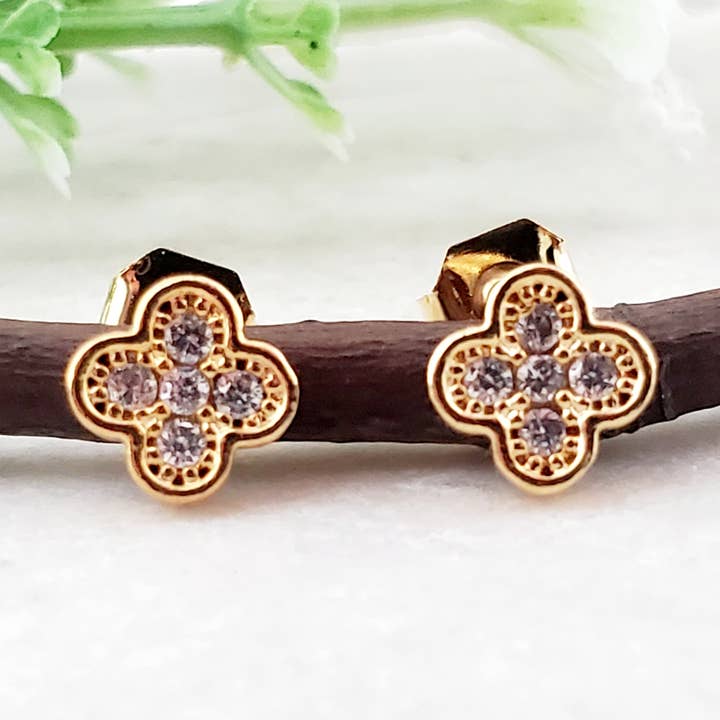 Sosie Designs - Wholesale Stud/Post Earrings - Gold Tiny Clover CZ Studs - Clear0
