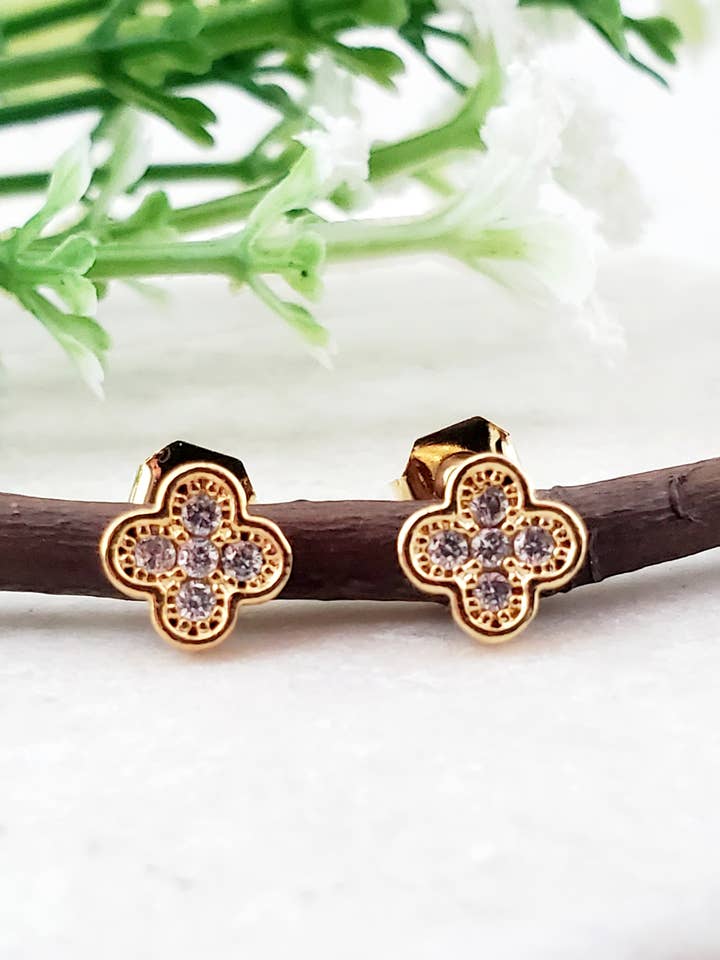 Gold Tiny Clover CZ Studs - Clear for wholesale by Sosie Designs