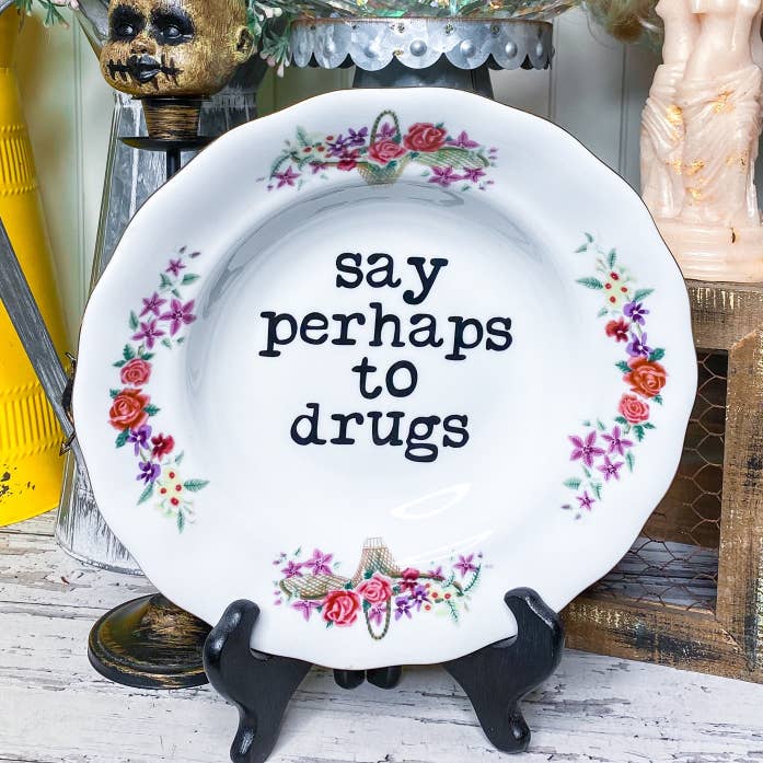 Upcycled Funny Plates, Say Perhaps to Drugs, Gift Shop for wholesale by pretty little creeps