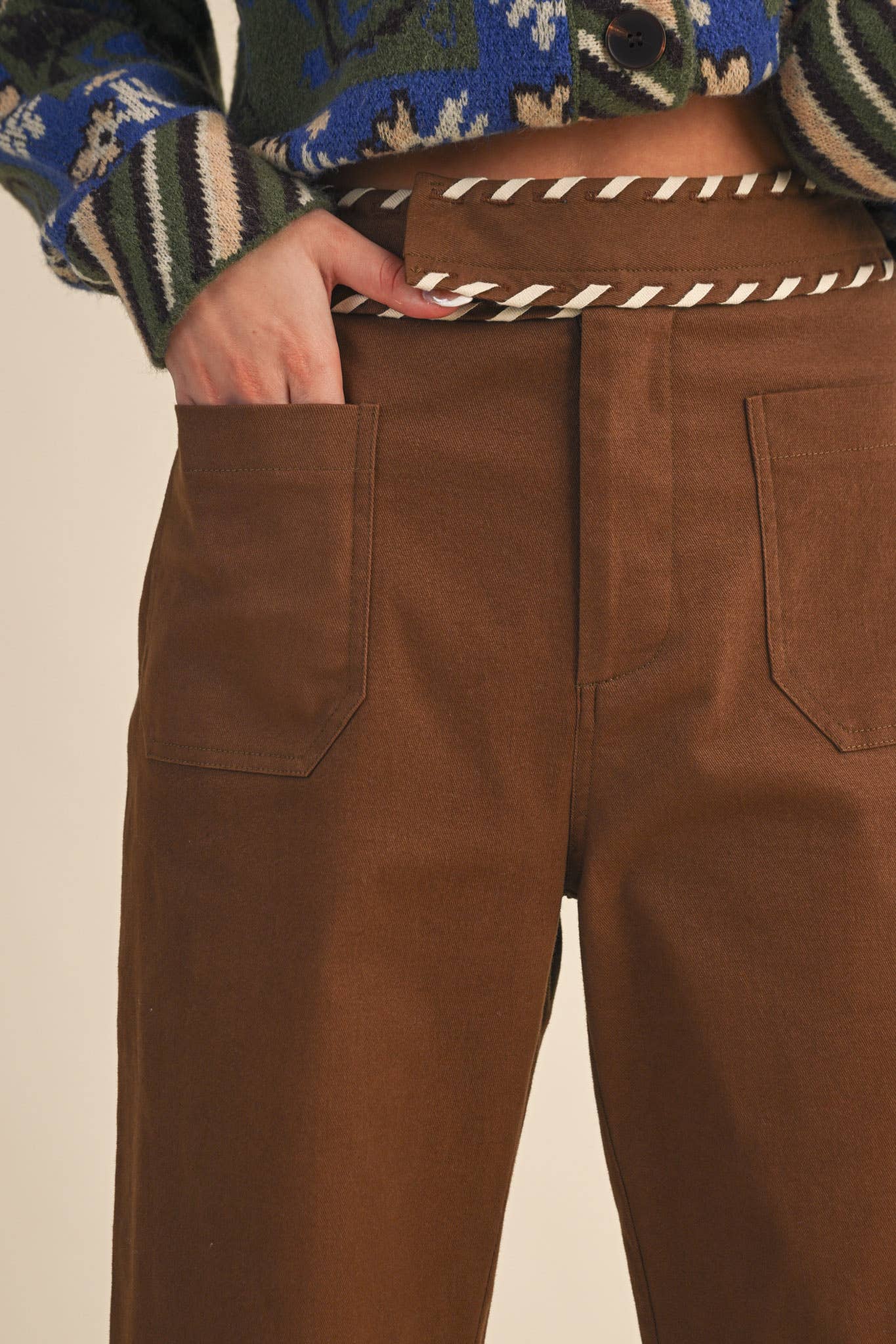 &MERCI - Wholesale Pants - Women's - HIGH WAIST WIDE LEG PANTS WITH WHIP STITCH TRIM MP421819