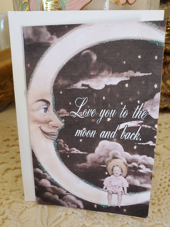Mini Vintage Love You To The Moon And Back Greeting Card for wholesale by Little Heart Designs