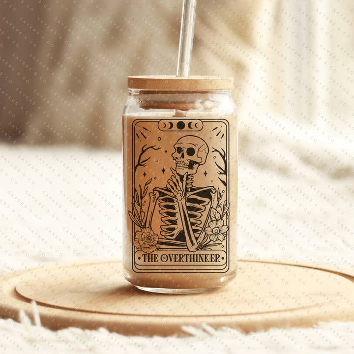 Sayers & Co. – wholesale Drinking glass/cup – Funny Tarot Card Iced Coffee Glass Can, Tarot Card Coffee Cup, Gift For Coffee Lover, Gift For Her, Glass can with bamboo lid and straw8