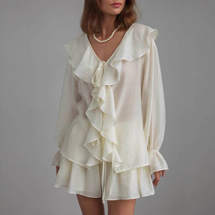 V Neck Ruffle Shirt Short Set Lightweight N5Z454 for wholesale by alberalkirk