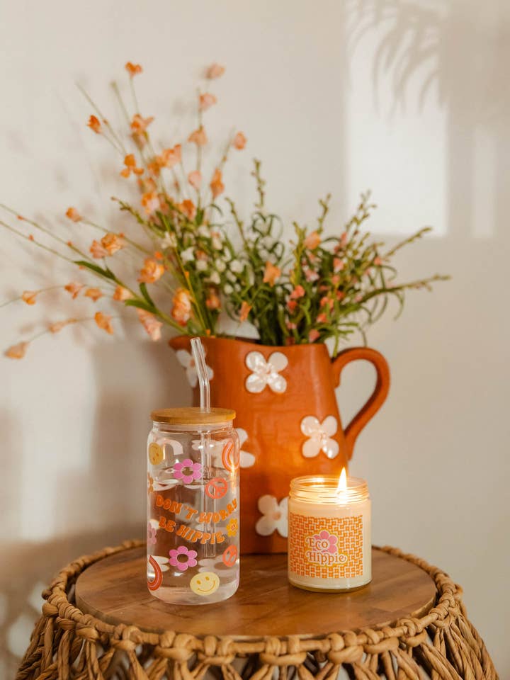 Don't Worry Be Hippie Mason Jar Cup for wholesale by Eco Hippie Co.
