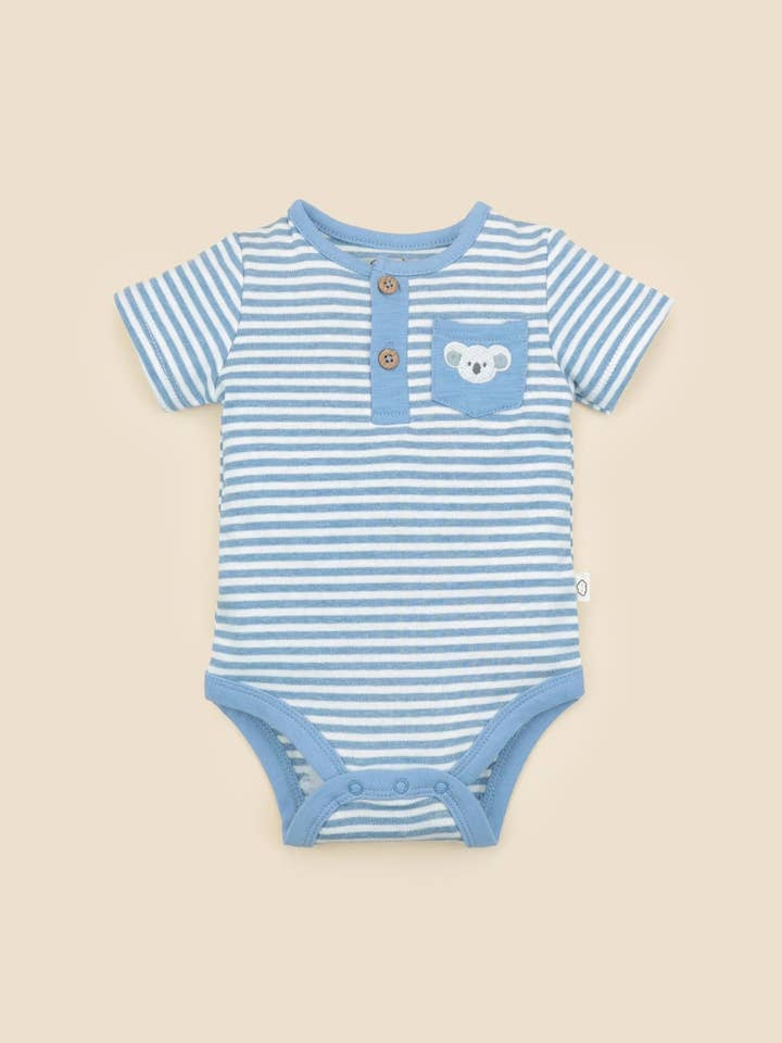 Organic Cotton Short Sleeve Bodysuit - Koala & Blue Stripes for wholesale by Lūmmi in Colour Babywear