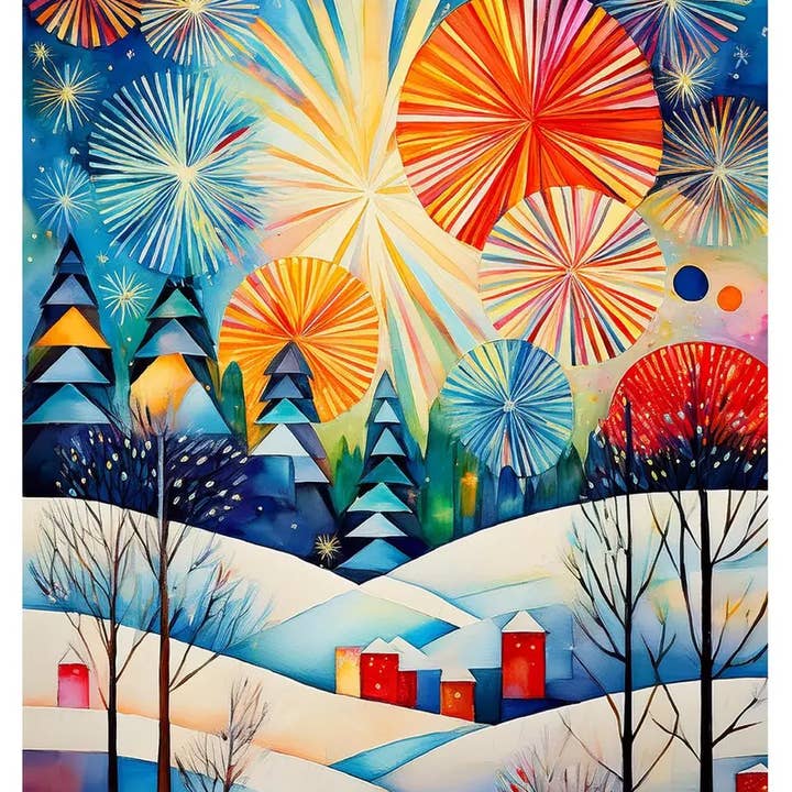 Happy New Year Greeting Card, Welcome 2025, Dazzling Sky Fireworks, NYE Party Celebration, Watercolor Cubist Artwork, Quilting & Sewing Gift for wholesale by Quiltberry Farm