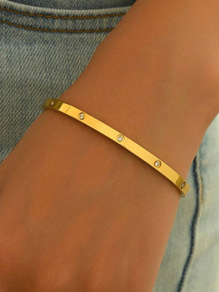 18K Gold Plated Stainless Steel Minimalist Bracelet Hypoallergenic Circle Rhinestone Jewelry Secure Inlay Tarnish Free Design Skin Safe Luxury Gift For Her Golden Hour Glow, Everyday Wear A for wholesale by Fui fui jewelry llc