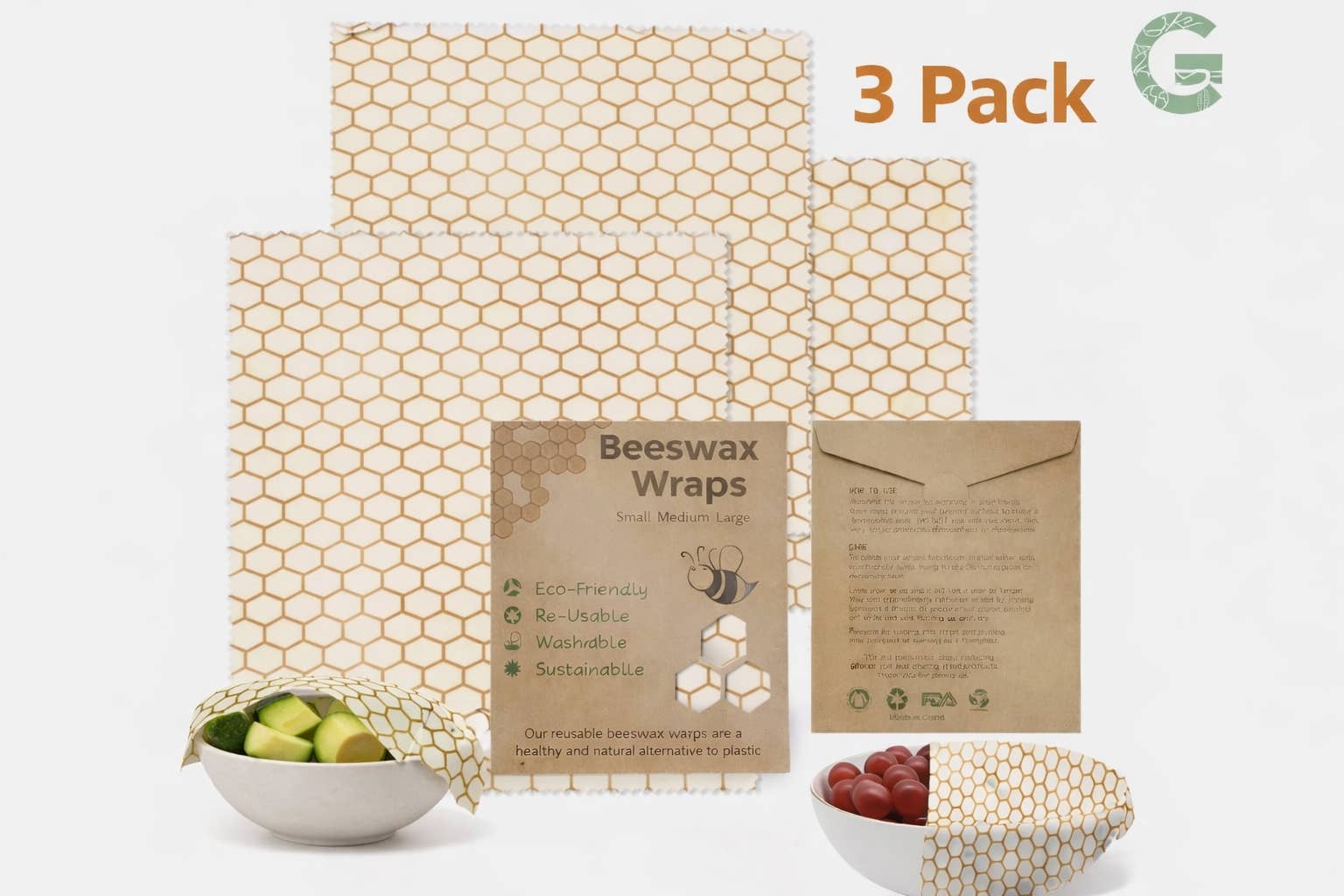 Conscious Generation - Vendita all'ingrosso Involucro/sacchetto per alimenti - Confezione di involucri alimentari riutilizzabili in cera d'api da 3 (1L, 1M e 1S)