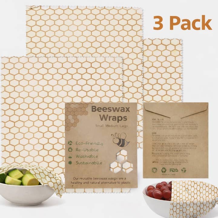 Sæt med 3 genanvendelige madindpakninger i bivoks (1 stor, 1 medium & 1 lille) for engroshandel hos Conscious Generation