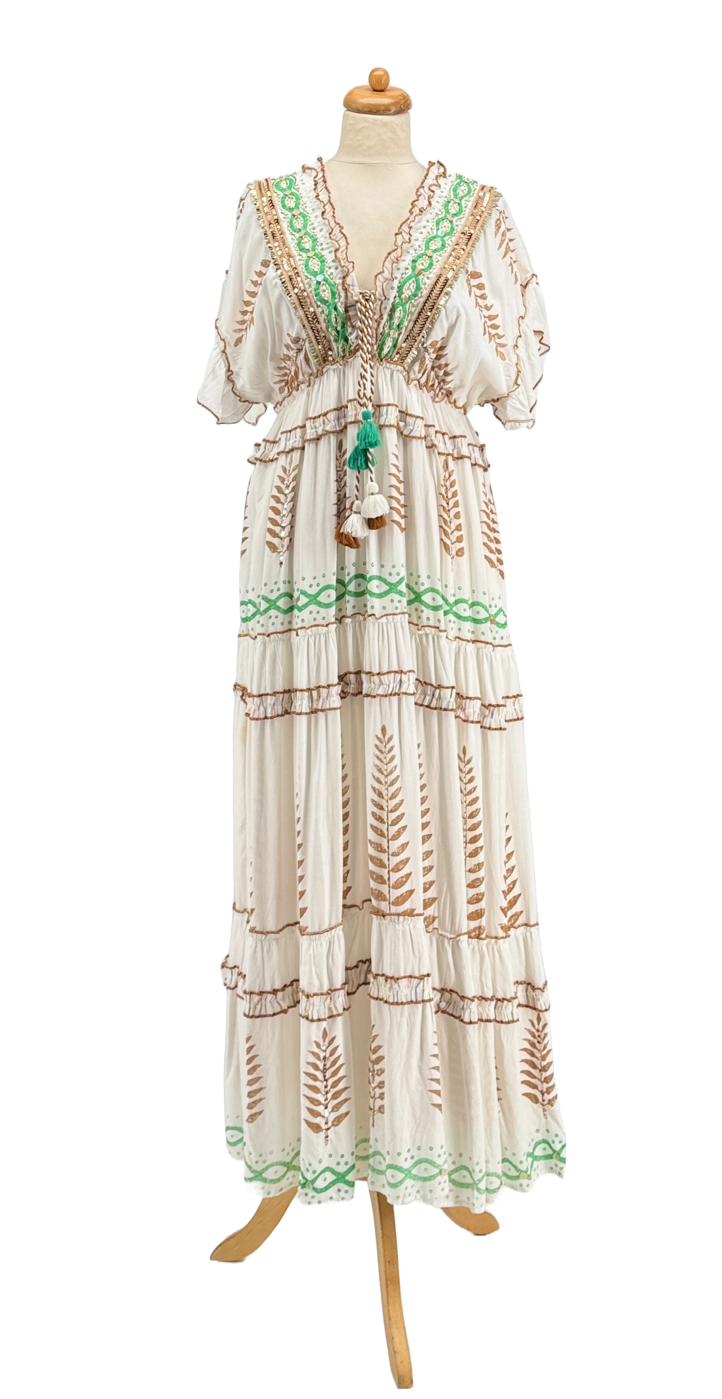 (KHAKI - PETROLEUMBLÅ - AQUAGRØN) BOHO KJOLE MED BLADE BLOCKPRINT, BREDE ÆRMER for engroshandel på Faire6