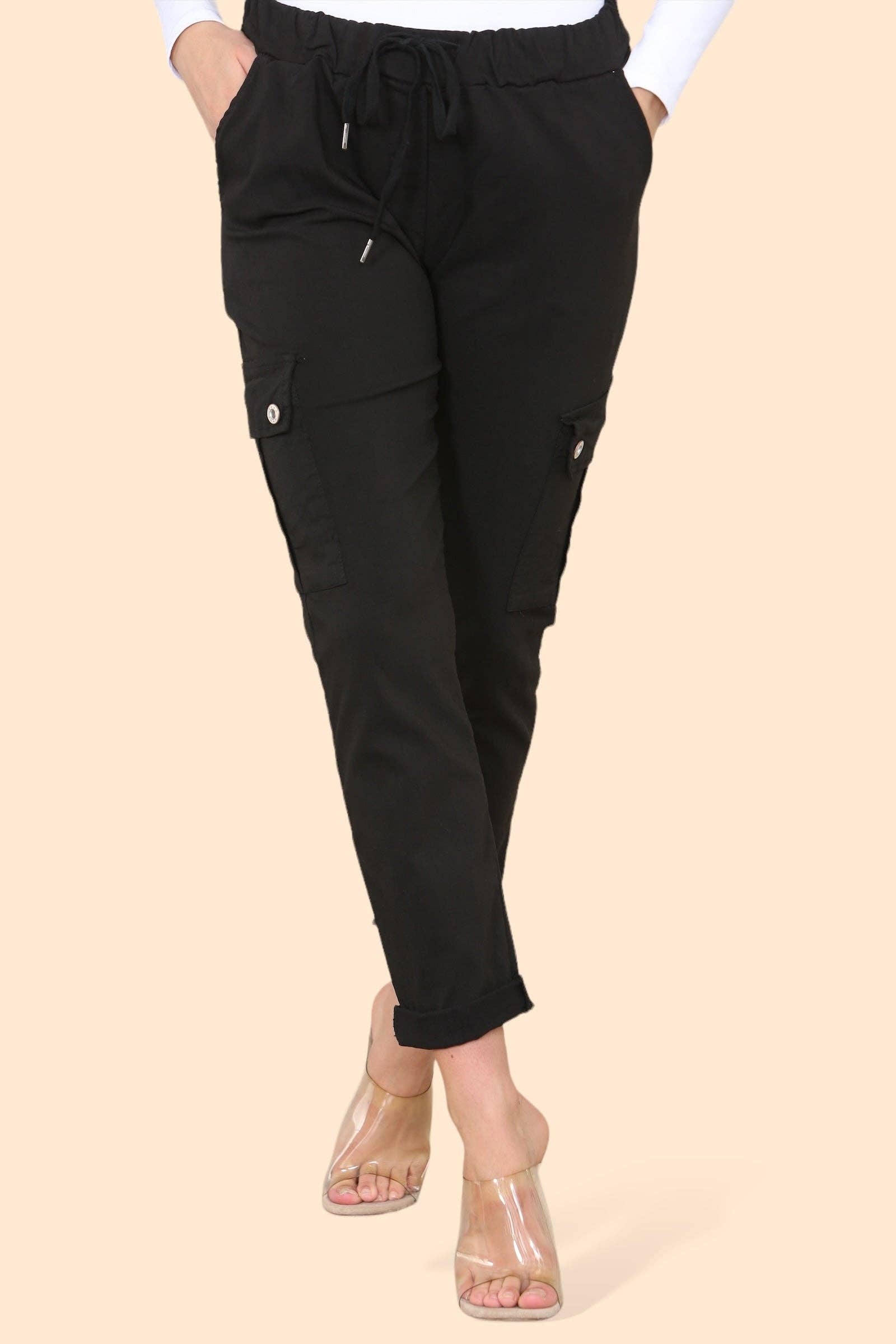 Kurt Muller – wholesale Pants – Women's – Plain Cargo Stud Pocket Bi-Stretch Magic Trousers0