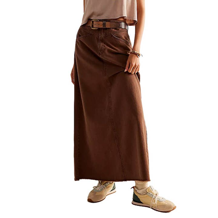 Dipped Shop - Wholesale Skirt - Women's - Washed Raw Hem Casual Denim Maxi Skirts DP25C46812