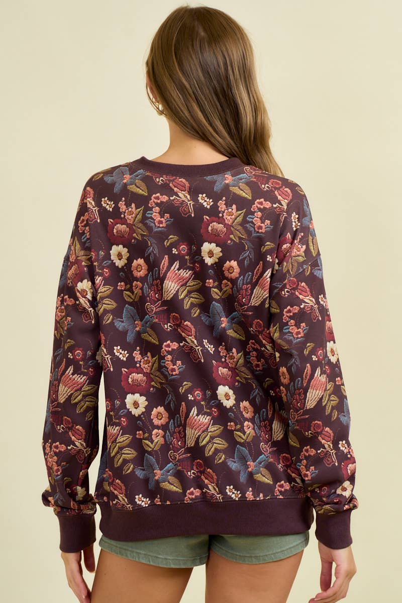 Doe and Rae - Wholesale Sweatshirt - Women's - FLORAL PRINT DROP SHOULDER PULL-OVER TOP - 45256T8