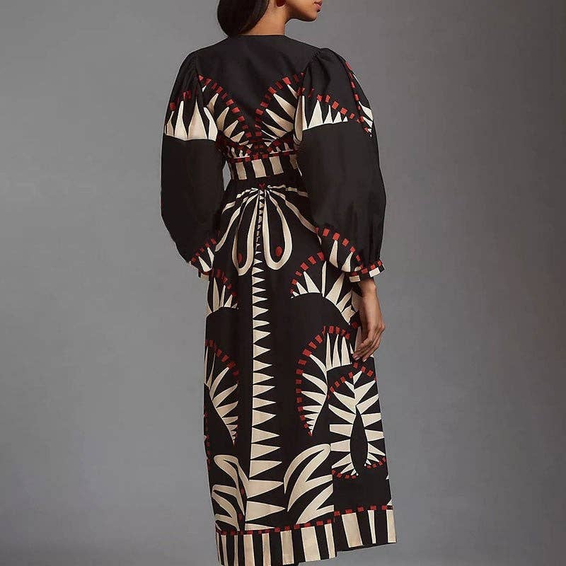 STAMPA Abito vintage lungo a maniche lunghe con scollo a V e stampa floreale in vendita all'ingrosso su Faire3