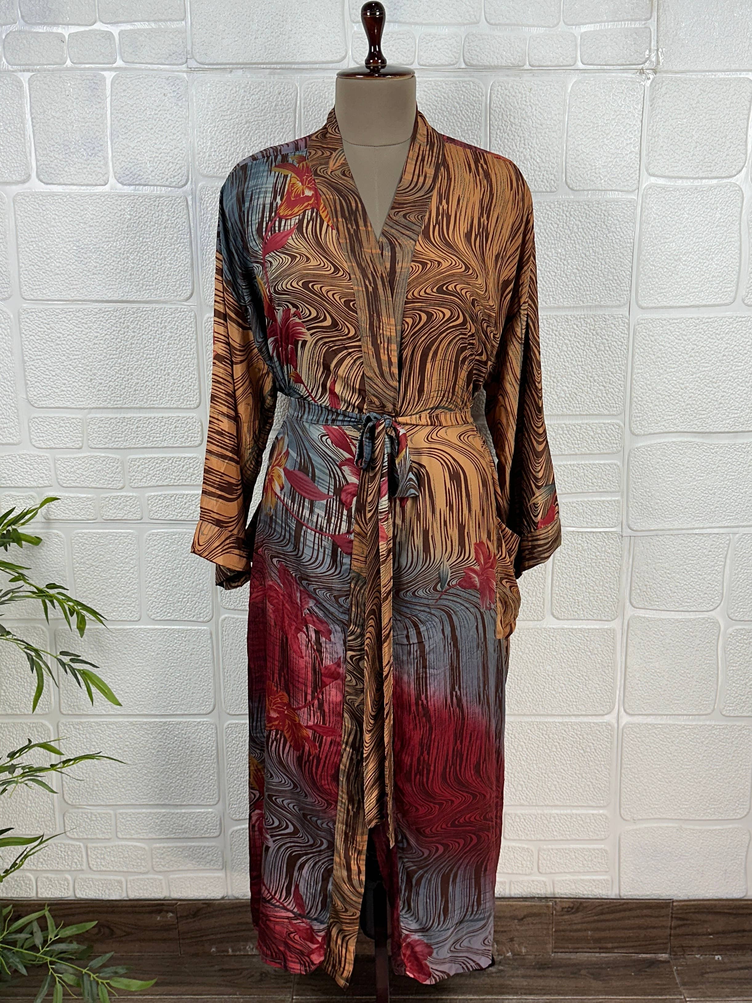The Eastern Loom - Wholesale Robe - Women's - Recycle Silk Sari Kimono Robe Flowy Loungewear Beach Coverup0