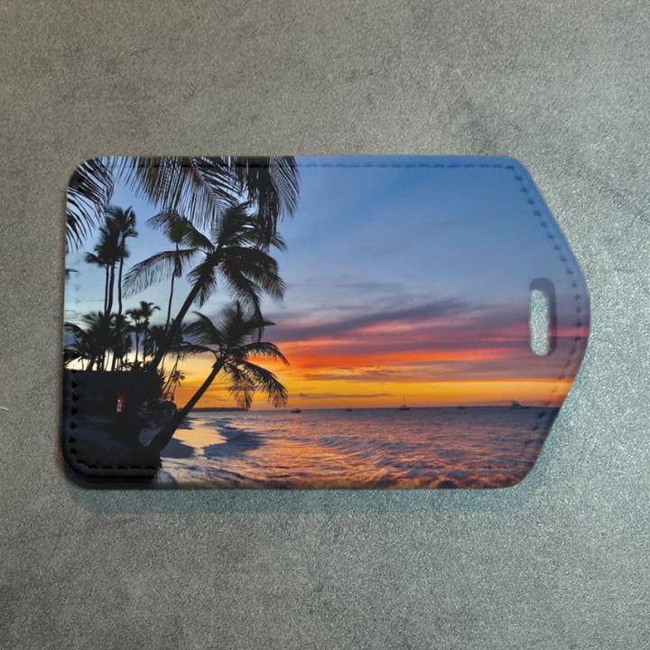 Palm Trees Rectangle luggage tag w/steel cable ring for wholesale by Allison Kay Designs Co.