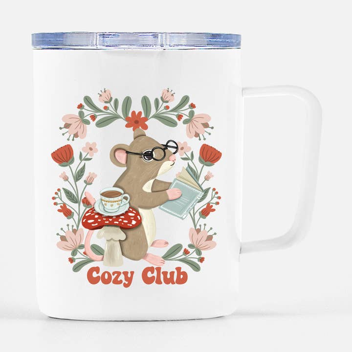 Reading Mouse 12oz Travel Mug with Handle, Bookish Mug for wholesale by Remember November, Inc