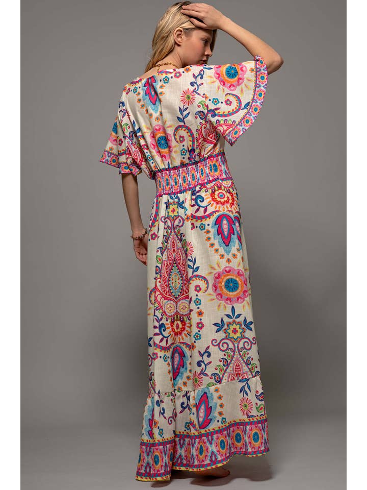 IVORY Oversized Paisley Flutter Sleeve Smocked Dress for wholesale on Faire
