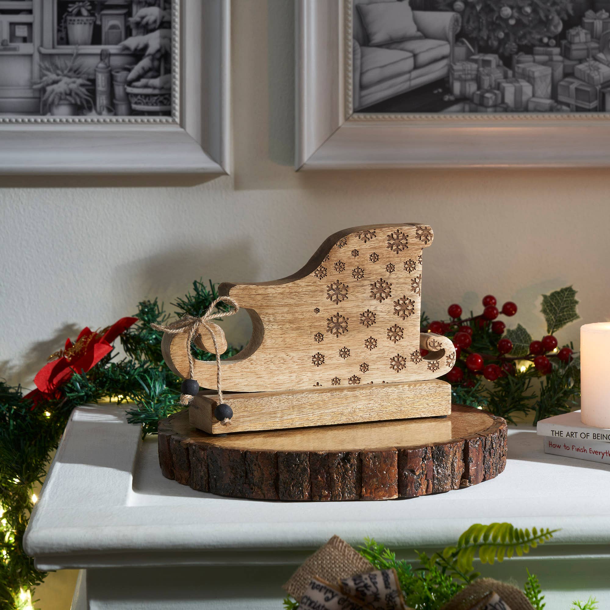 VHC Brands - Wholesale Decorative Tabletop Object - Natural Wooden Snowflake Sleigh 6x9.5x20