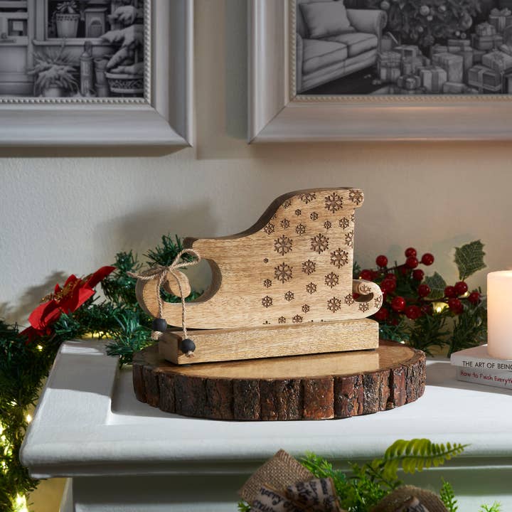 VHC Brands - Wholesale Decorative Tabletop Object - Natural Wooden Snowflake Sleigh 6x9.5x2